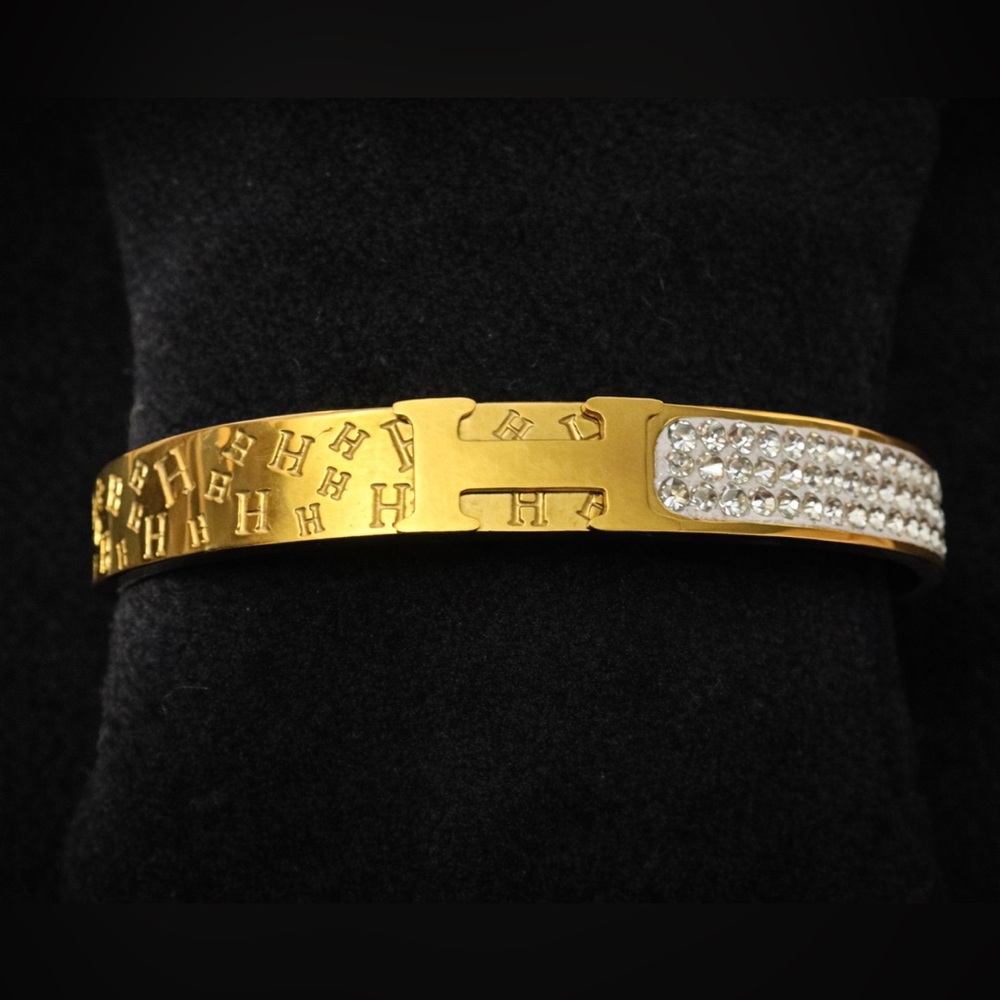 New Gold Tone Hinged Bangle Bracelet with Crystal Accent Panel & Textured Letter